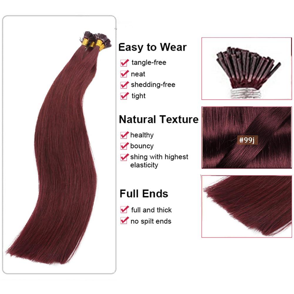 Kiss darling LASHES 99J Burgundy Red I Tip Hair Extensions Human Hair Pre Bonded Keratin Cold Fusion I Tip Real Remy Human Hair Extension For Women 100 Strands 100g 30\"inch