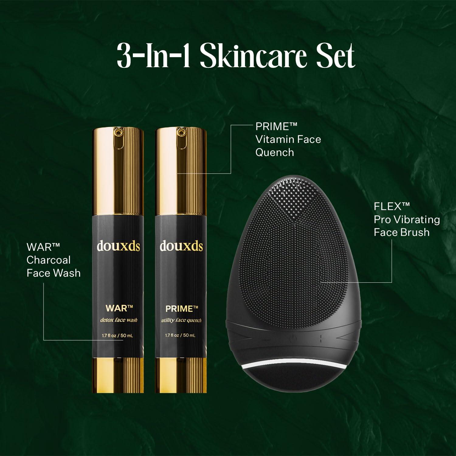 douxds douxds The Clear Skin Kit, FLEX Pro Vibrating Face Brush, WAR Charcoal Face Wash, PRIME Vitamin Face Quench, Skincare for Oily Skin, Men's Skincare Kit, Detox Face Wash