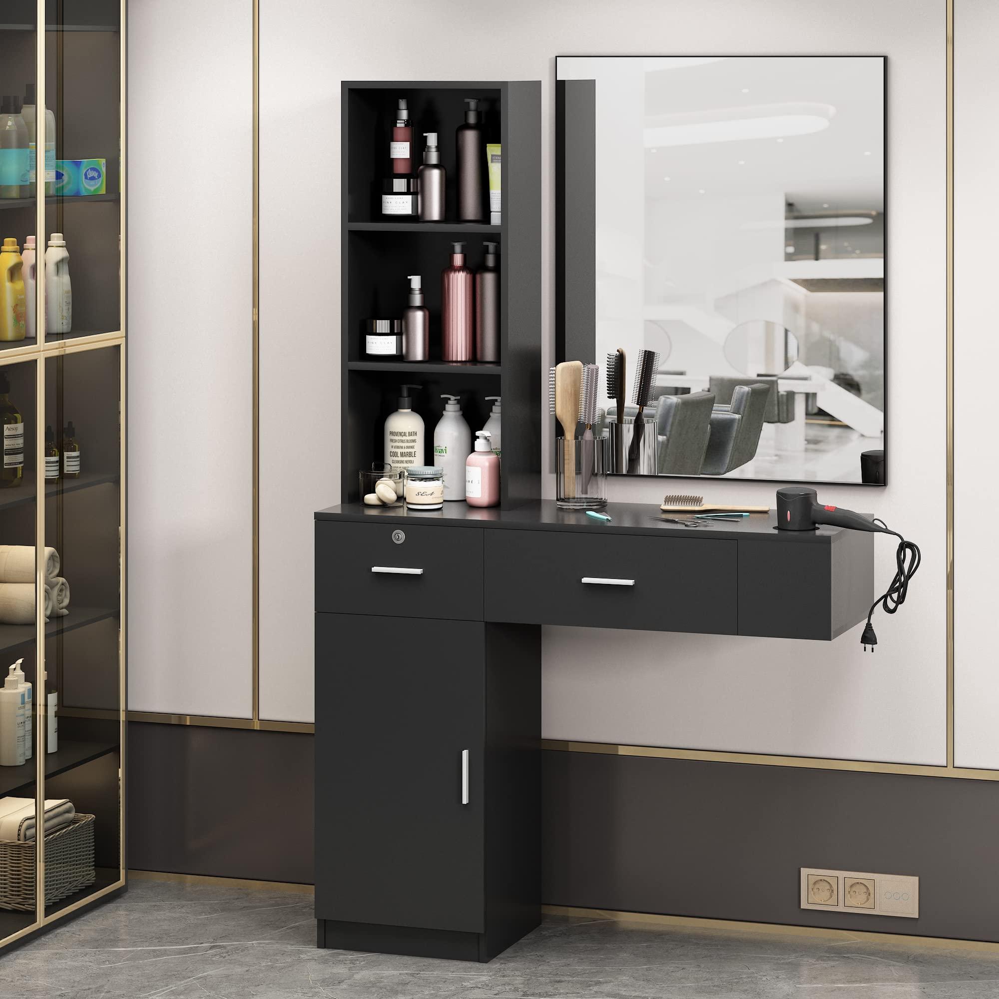 RESHABLE RESHABLE Wall Mount Salon Station with Mirror, Beauty Salon Barber Spa Equipment with Mirror, Shelves, Cabinet, Locking Drawers, Table, Standing Hair Styling Furniture, Black