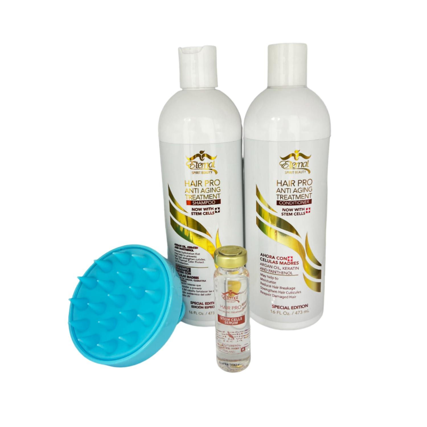 Eternal Spirit Beauty Eternal Spirit Beauty Hair Pro Anti Aging Treatment Shampoo and Conditioner, Serum, Scalp Massager Brush. Revitalize with Swiss Stem Cells, Argan Oils, Keratin. 32 Fl Oz