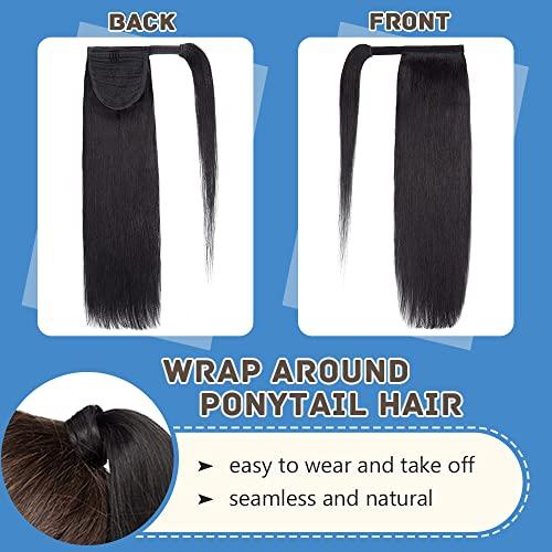 Hairro Hairro Ponytail Extension Human Hair Black Pony Tail Extensions Real Hair Wrap Around Ponytails Clip On Ponytail Hairpieces Remy Hair Piece Clip In Ponytail For Women 14inch 80g #01 Dark Black