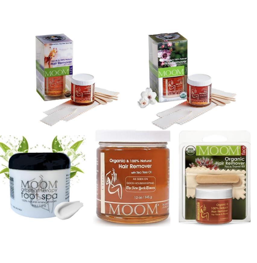 MOOM MOOM Organic Hair Removal and Foot Care Essentials: Sugar Wax Kits with Tea Tree Oil and Lavender for Sensitive Skin, Plus Foot Spa Cream for Smooth, Hydrated Feet and Travel Wax Kit