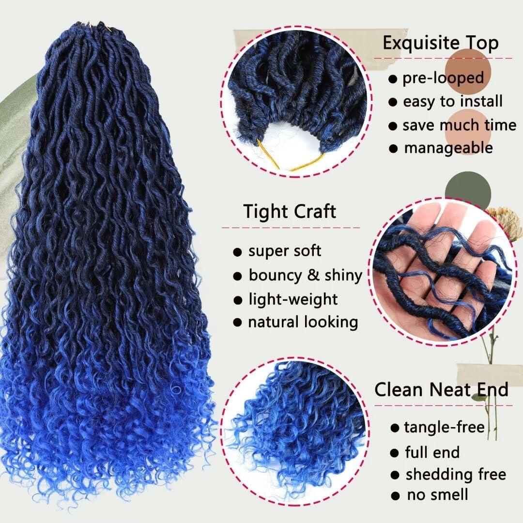 Alimiriam Long Goddess Locs Crochet Hair 8Packs 30inch Ombre Blue River Curls Crochet Hair Boho Faux Locs Wavy Crochet Curly Hair with Curly Ends Synthetic Hair Extensions(30\" 8Packs T1B/blue#)