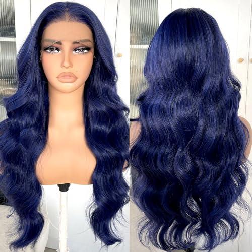 BlackSwern BlackSwern Dark Blue Wig Blue Body Wave Lace Front Wig, Glueless Lace Wig, Pre-plucked Pre-layered Body Wave Wig with Curtain Bangs for Black Women, 24