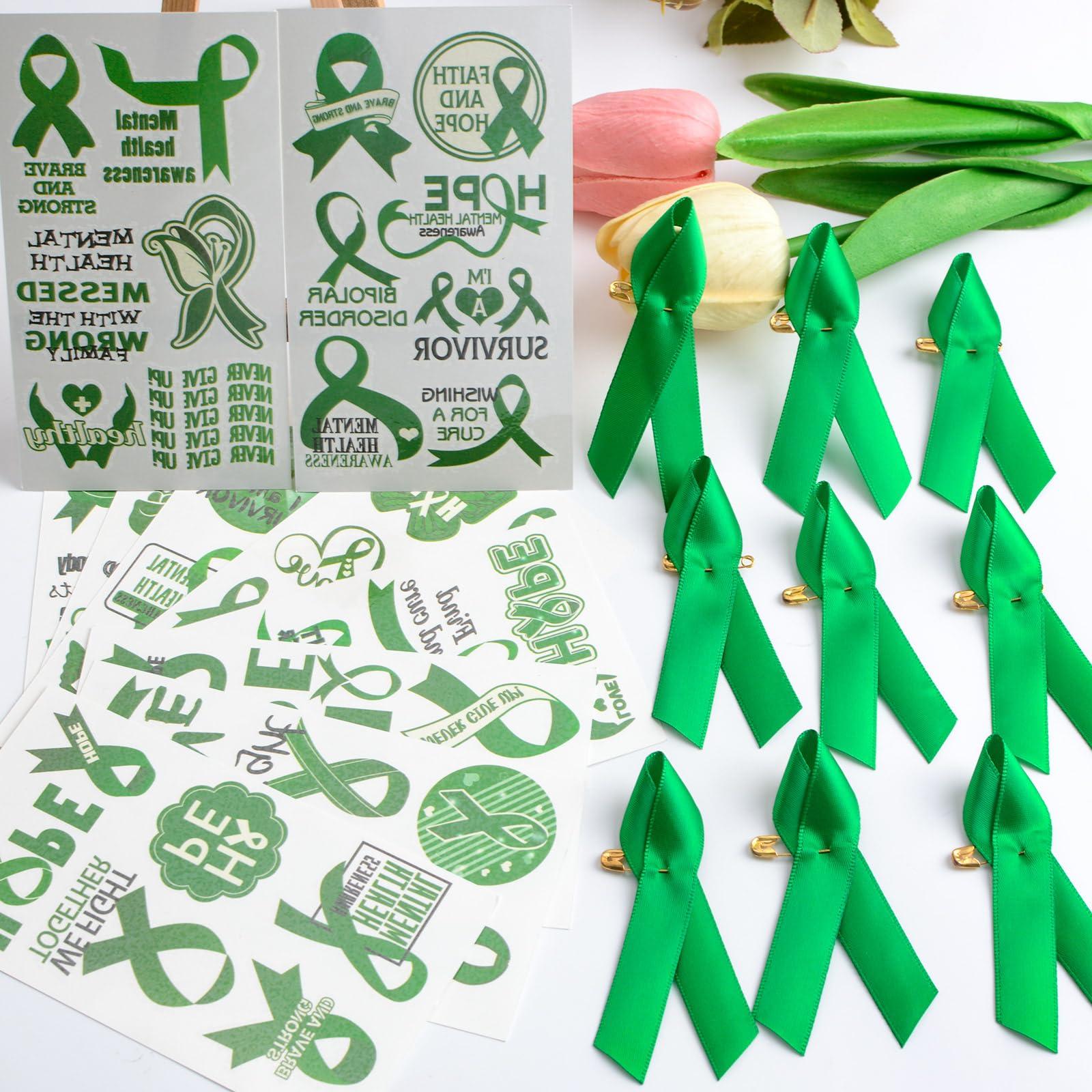 WANDIC WANDIC Green Ribbon Awareness Kit, 100PCS Ribbon Pins 10 Sheets Temporary Tattoo for Mental Health for Public Benefit Activities