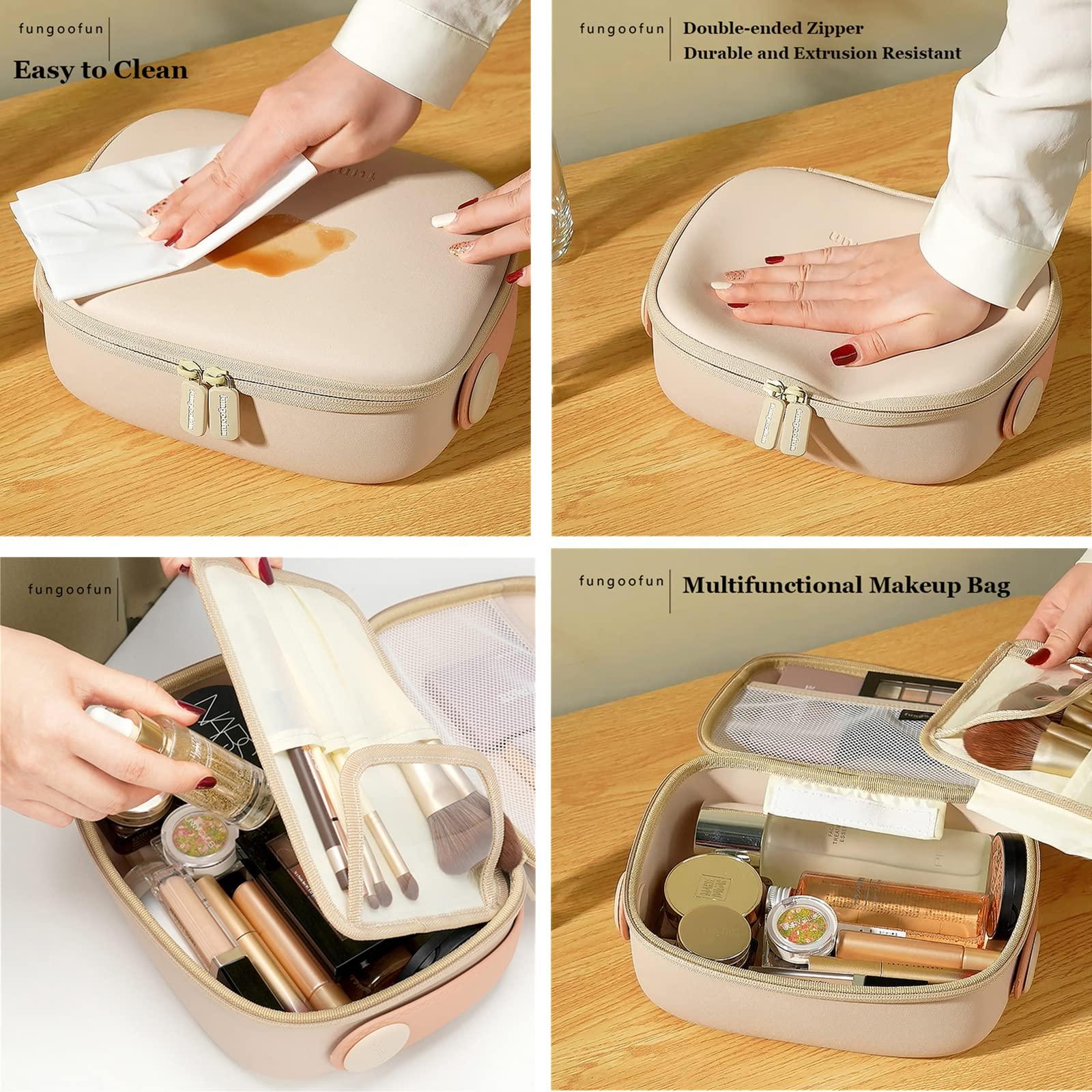 fungoofun Travel Makeup Bag - Eva Cosmetic Bag for Women, Waterproof Toiletry Bag with Portable Handle Strap, Brush Make up Organizer with Compartment, Capacity Storage Makeup Bag Easy to Clean