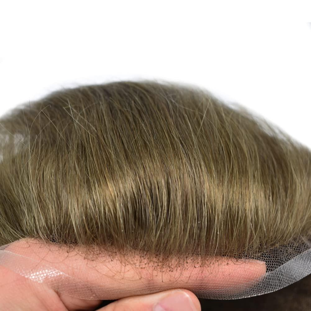 Generic Swiss Lace Mens Toupee Hair Pieces Hair Replacement System Full Lace European Hair Toupee For Men Natural Men Hair System 8x10\'\'-100% light to medium density, 7# very Light Brown)