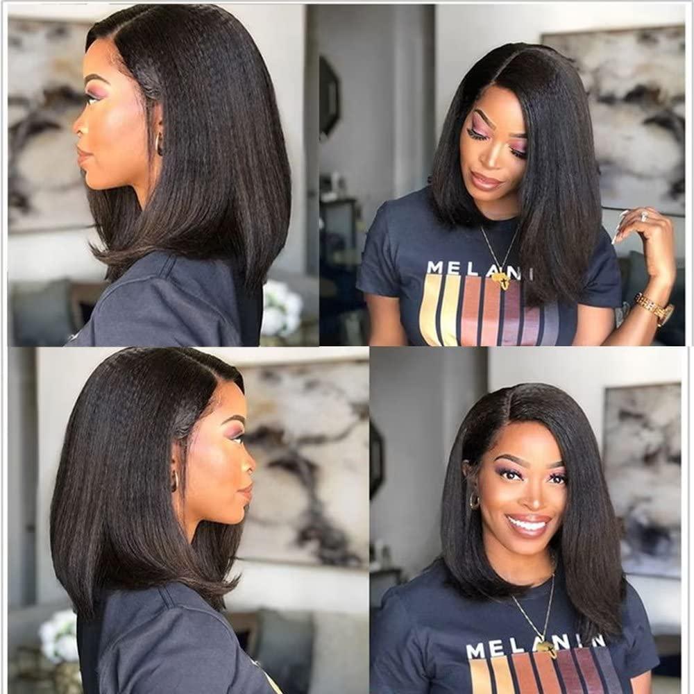 oulaer Brazilain Kinky Straight Human Hair Wigs For Black Women 13x6 Yaki Straight HD Transparent Lace Front Human Hair Wig Glueless Natural Hairline Pre Plucked Short Bob Wig 150% Density 8Inch