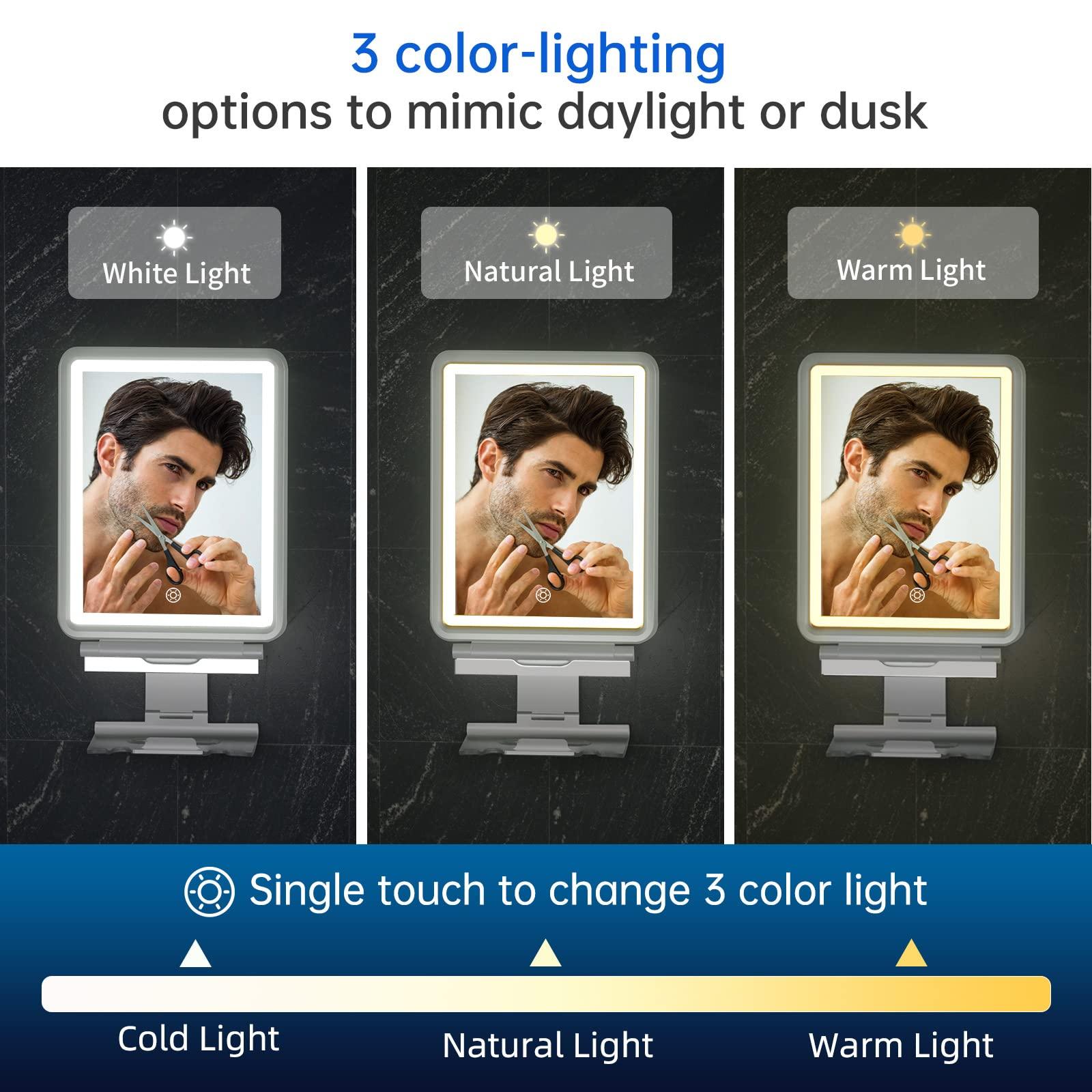 COSMIRROR COSMIRROR Shower Mirror Fogless for Shaving with Squeegee to Keep Clean or Remove Foggy Mess, Fogless Mirror for Shower Two Mounting Solution, Dimmable Lighting (3 Color Setting)