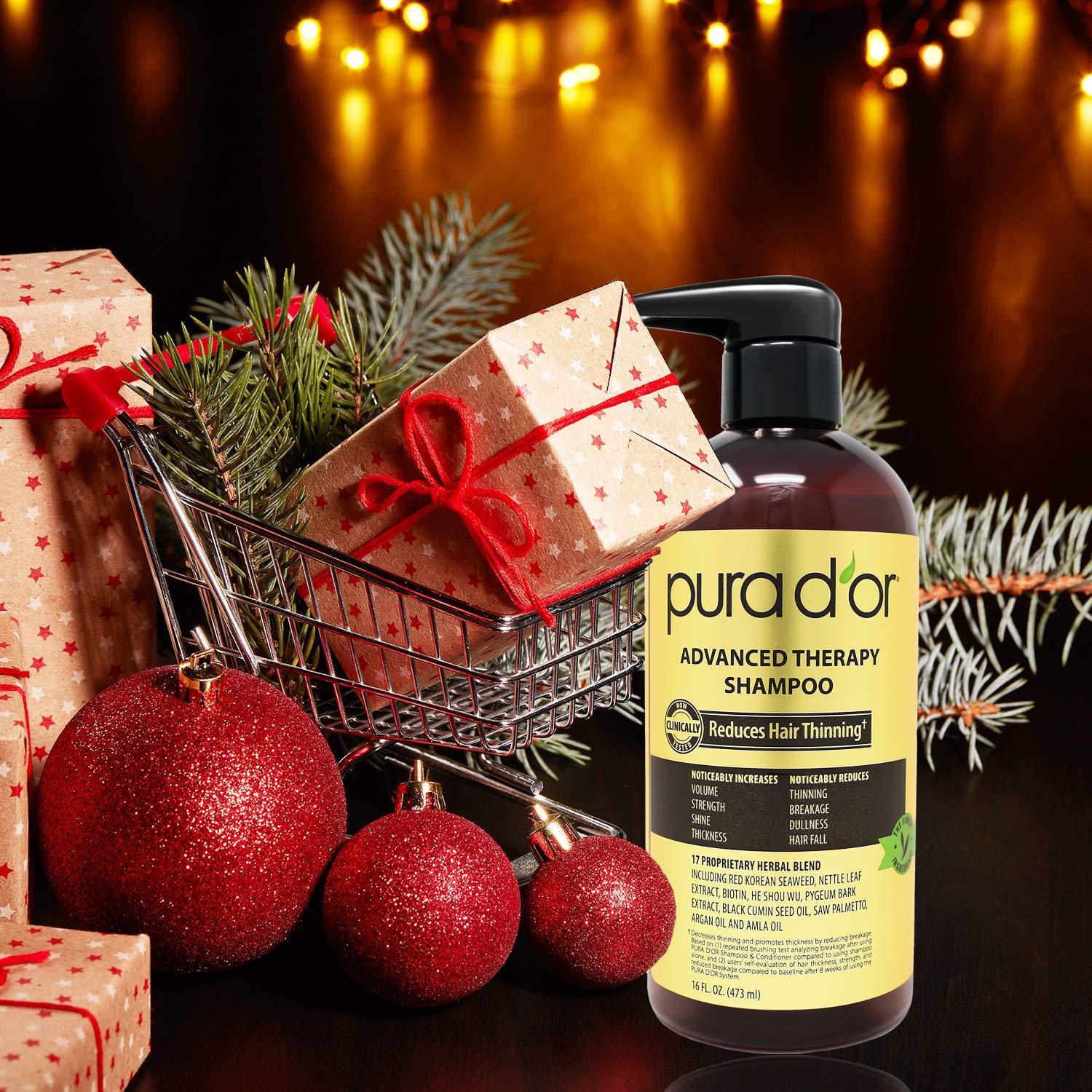 PURA D'OR PURA D\'OR 16 Oz Advanced Therapy Shampoo Reduces Hair Thinning & Increases Volume, No Sulfate, Biotin Shampoo Infused with Argan Oil, Aloe Vera for All Hair Types, Men & Women