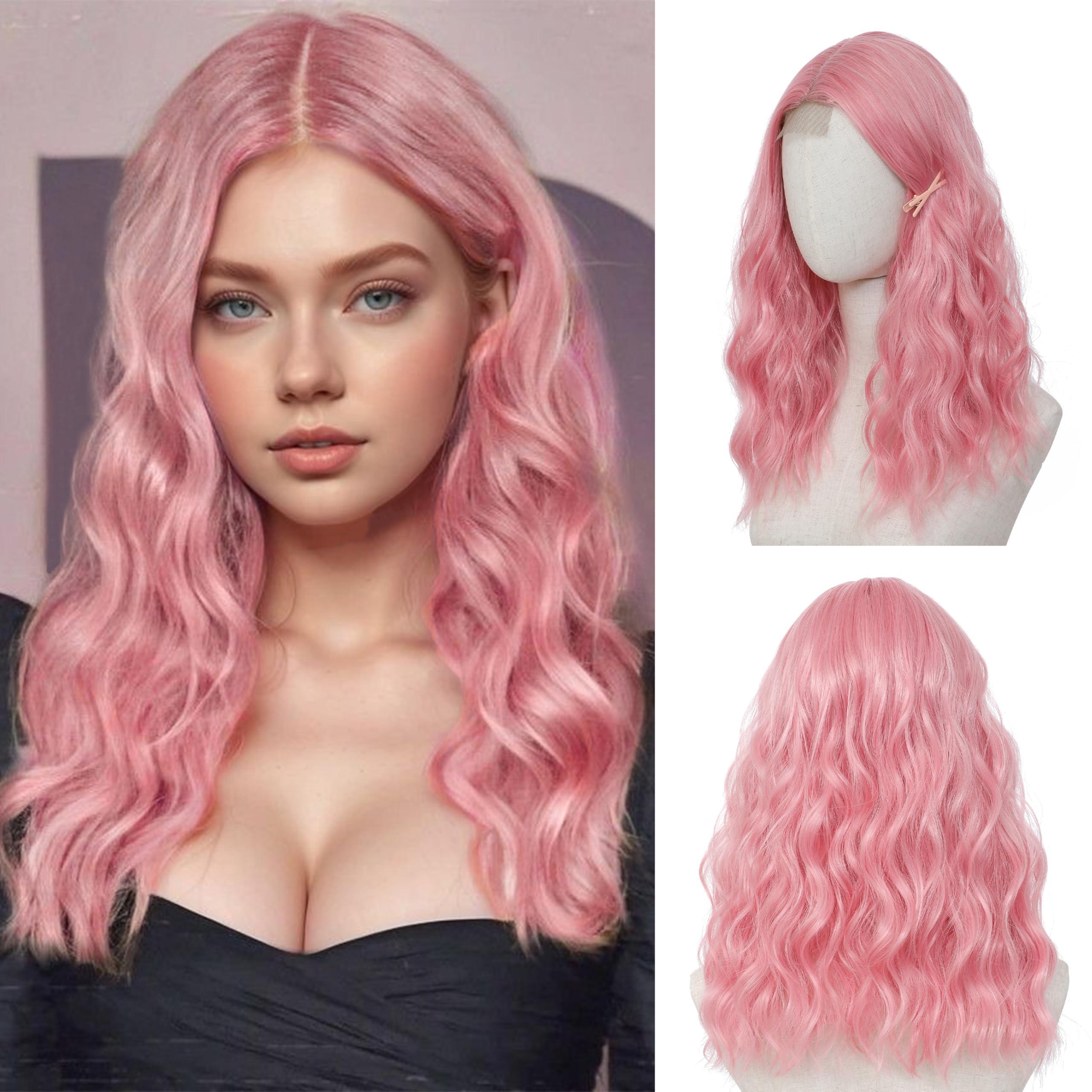 BUPPLER BUPPLER Pink Wig 18 Inch Medium Length Wigs for Women Middle Part Synthetic Hair Wavy Wig with Upgraded Strands,Natural Hair Wig for Daily Party/Halloween Use 18Inch,Pink