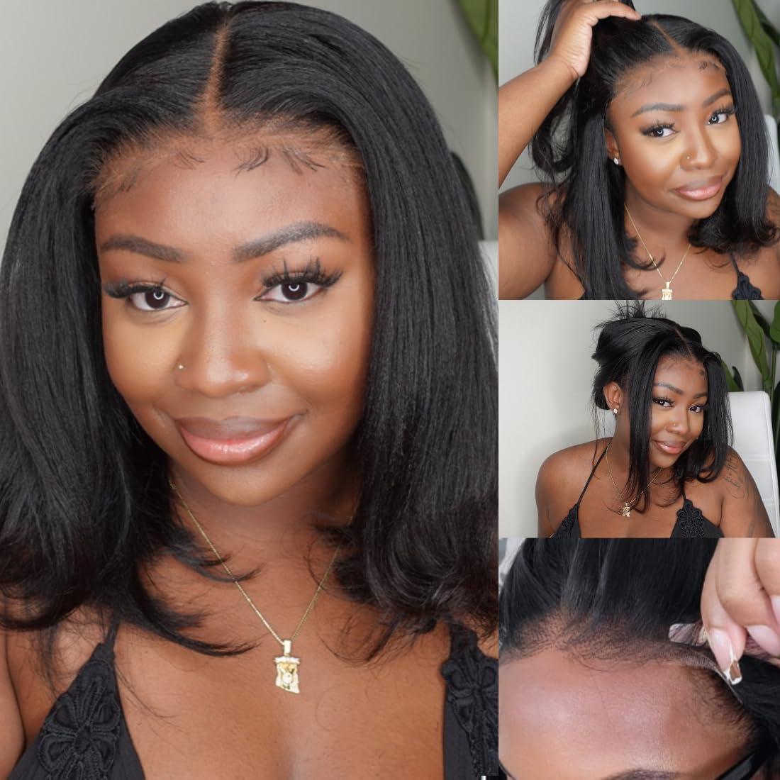 Nadula Nadula Bye Bye Knots Glueless Yaki Straight Bob 7x5 Lace Front Wigs Human Hair Pre Plucked Invisible Knots Pre Everything 3S Ready to Wear Short Yaki Bob Wigs Pre Cut 150% Density 12inch
