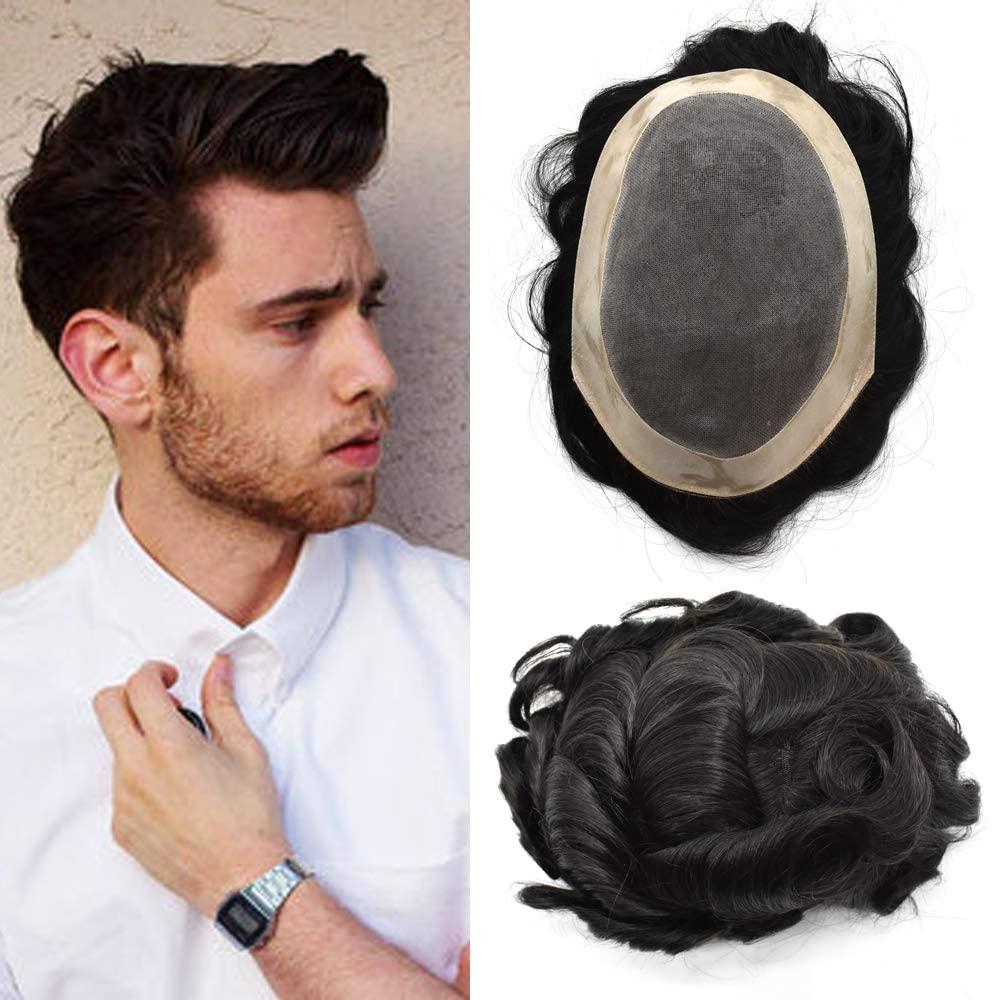 CURVE HAIR Lace Hair Replacement System For Mens Toupee Hair Pieces Man Hair Systems Mens Toupee 100% Real Human Hair Protesis Capilar Para Hombre 7X9#1B Off Black 120% Density