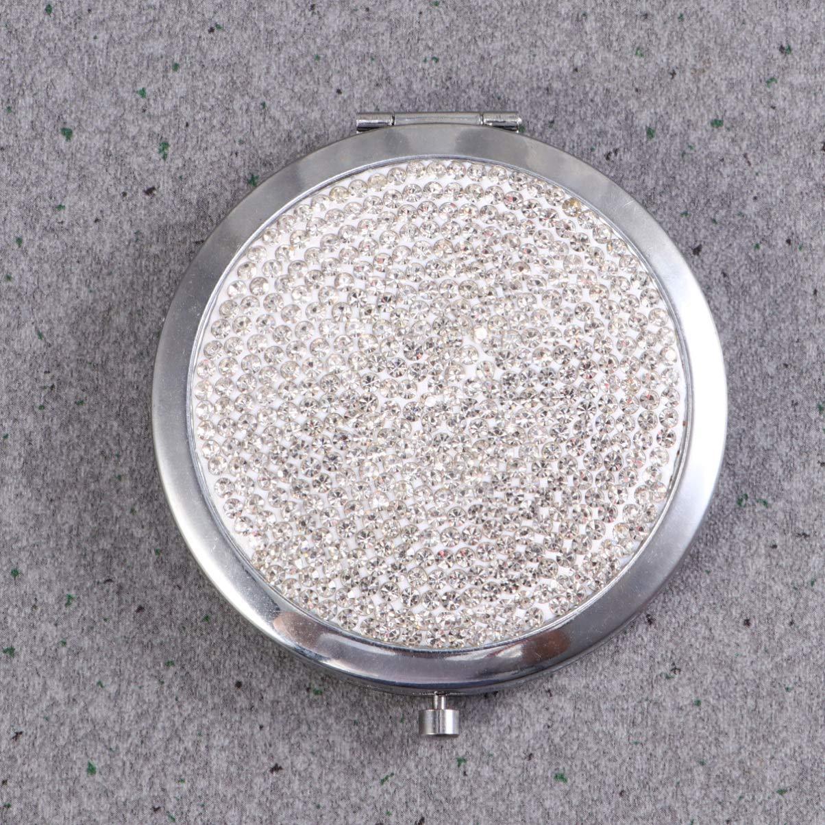 LALAFINA LALAFINA 1pc Bling Compact Mirror Pocket Rhinestone Makeup Mirror Double-Sided Cosmetic Mirror Round Folding Mirror for Women Travel Daily Use, White
