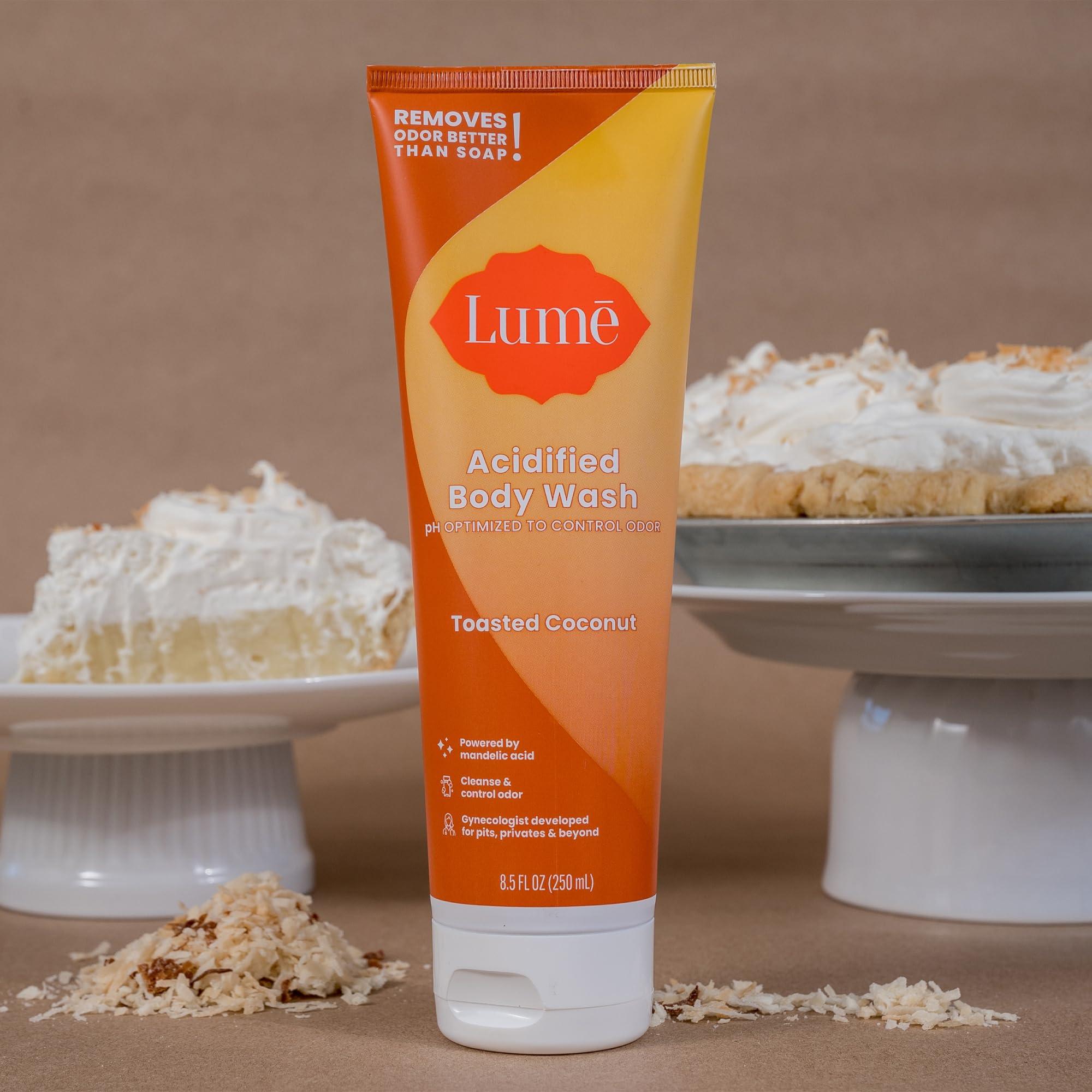 Lume Lume Acidified Body Wash - 24 Hour Odor Control - Removes Odor Better than Soap - Moisturizing Formula - Formulated Without SLS or Parabens - OB/GYN Developed - 8.5 ounce (Pack of 2) (Toasted Coconut)