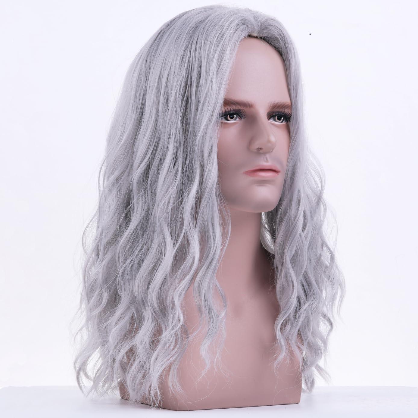 BERON BERON Mens Silver Grey Long Wigs With Halloween Cosplay Costume Party Wig Curly Middle Part Hair Wigs