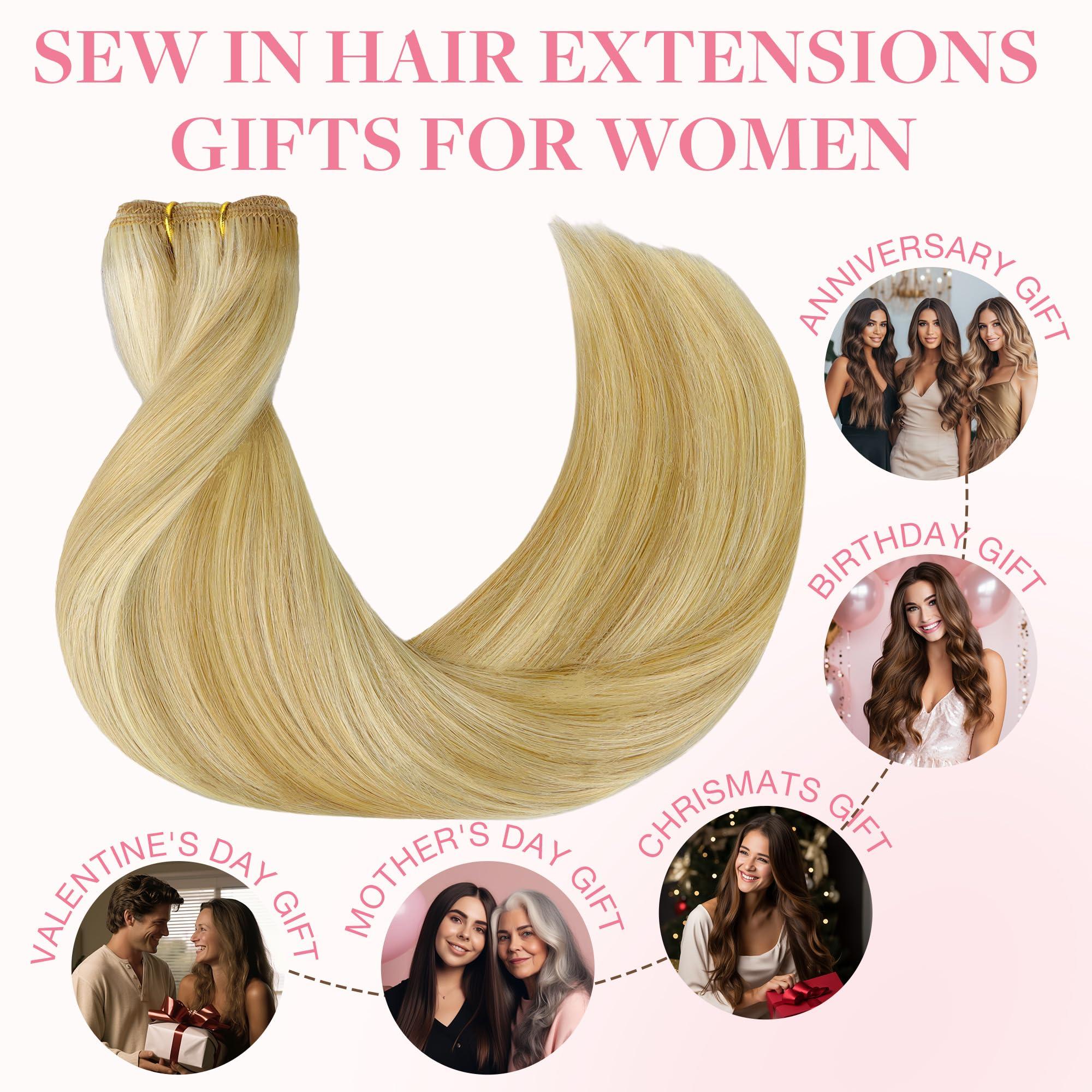 GOO GOO GOO GOO Sew in Hair Extensions Real Human Hair, Weft Hair Extensions Human Hair, 18D/22F Dirty Blonde Highlights 22inch 110g, Weft Bundles Straight Silky Remy Hair