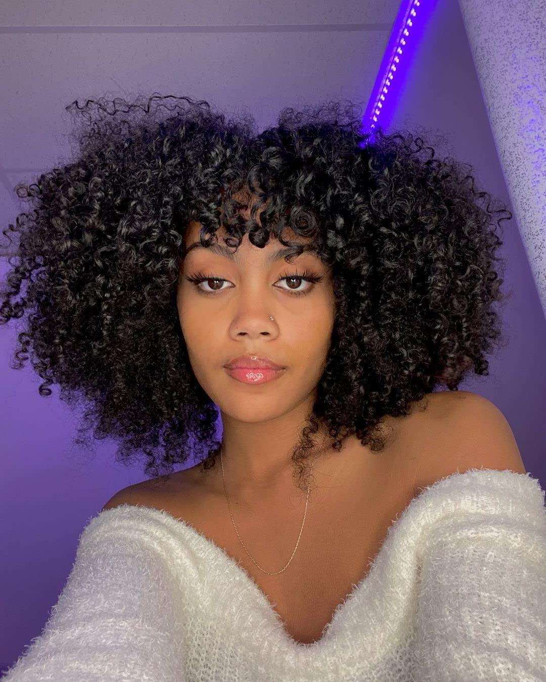 Fabutio Afro Kinky Curly Mongolian Human Hair Wig For Black Women 200% Density Glueless Bob Fake Scalp Wig Natural Black Brazilian Hair Fringe Unit Thick Girls African Hairstyle 24 Inch