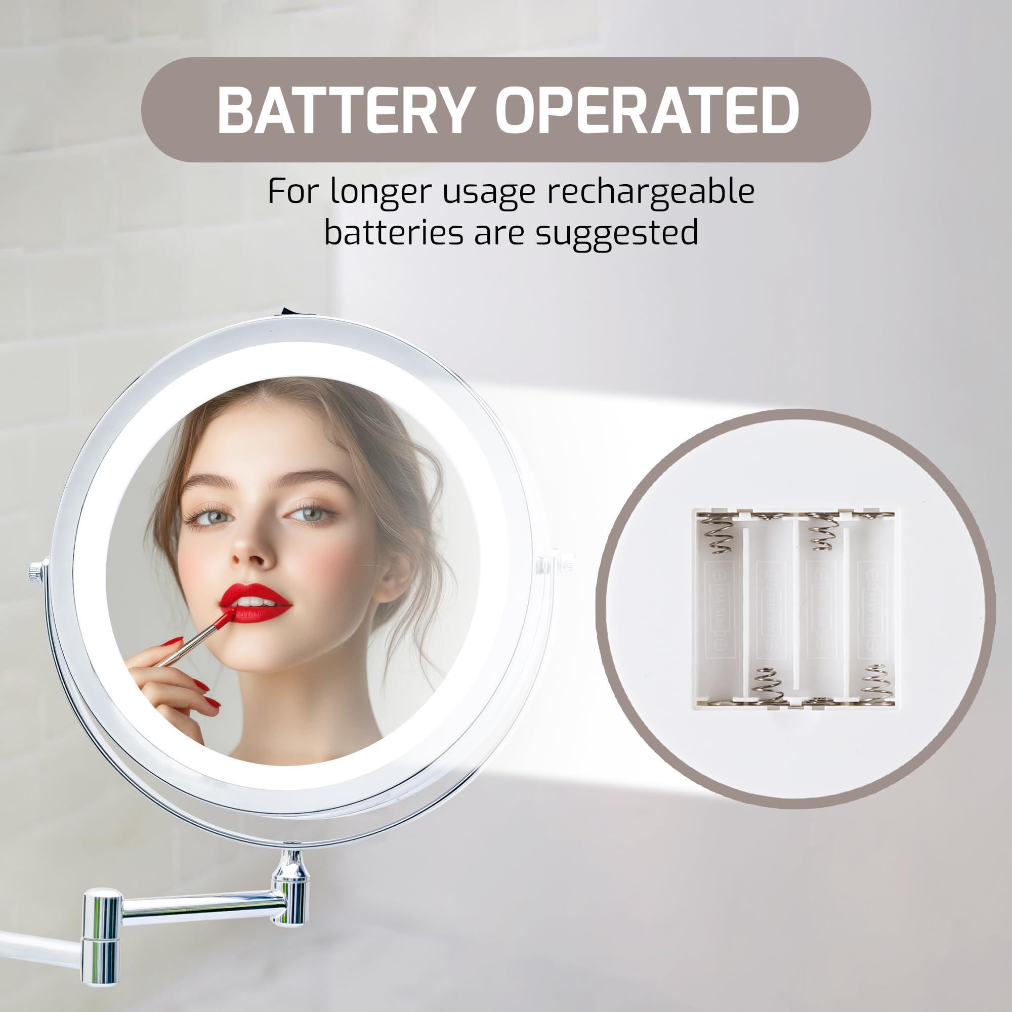 OVENTE OVENTE 9" Lighted Wall Mount Makeup Mirror with 1X/10X Magnification, Cordless Double Sided Magnifying Round Vanity Mirror, 360 Swivel Design, Extendable and Folding Arm, Polished Chrome MFW85CH1X10X
