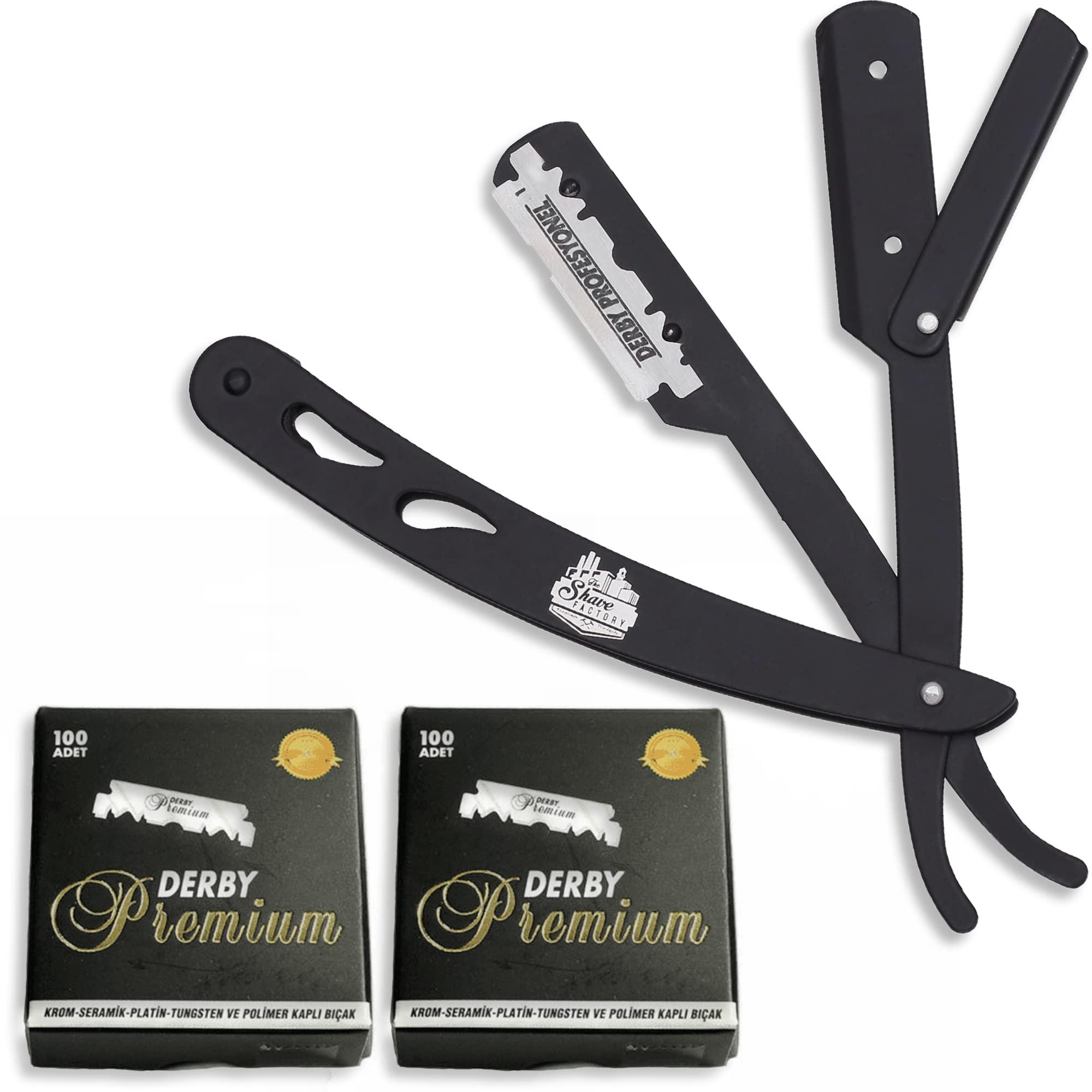the shave factory The Shave Factory Straight Edge Razor Kit (Black / 200 Derby Premium Single Edge Razor Blades)