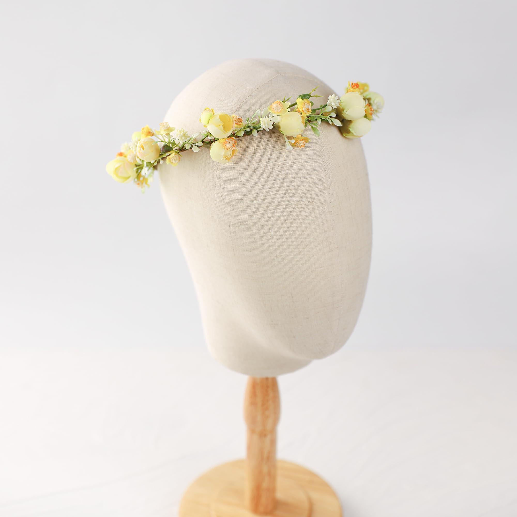 KorViSHOW KorViSHOW Handmade Flower Crown Flower Headpiece Green Leaf Headband Wedding Flower Crowns for Bride Floral Garland Hair Wreath Birthday Party(Yellow Style)