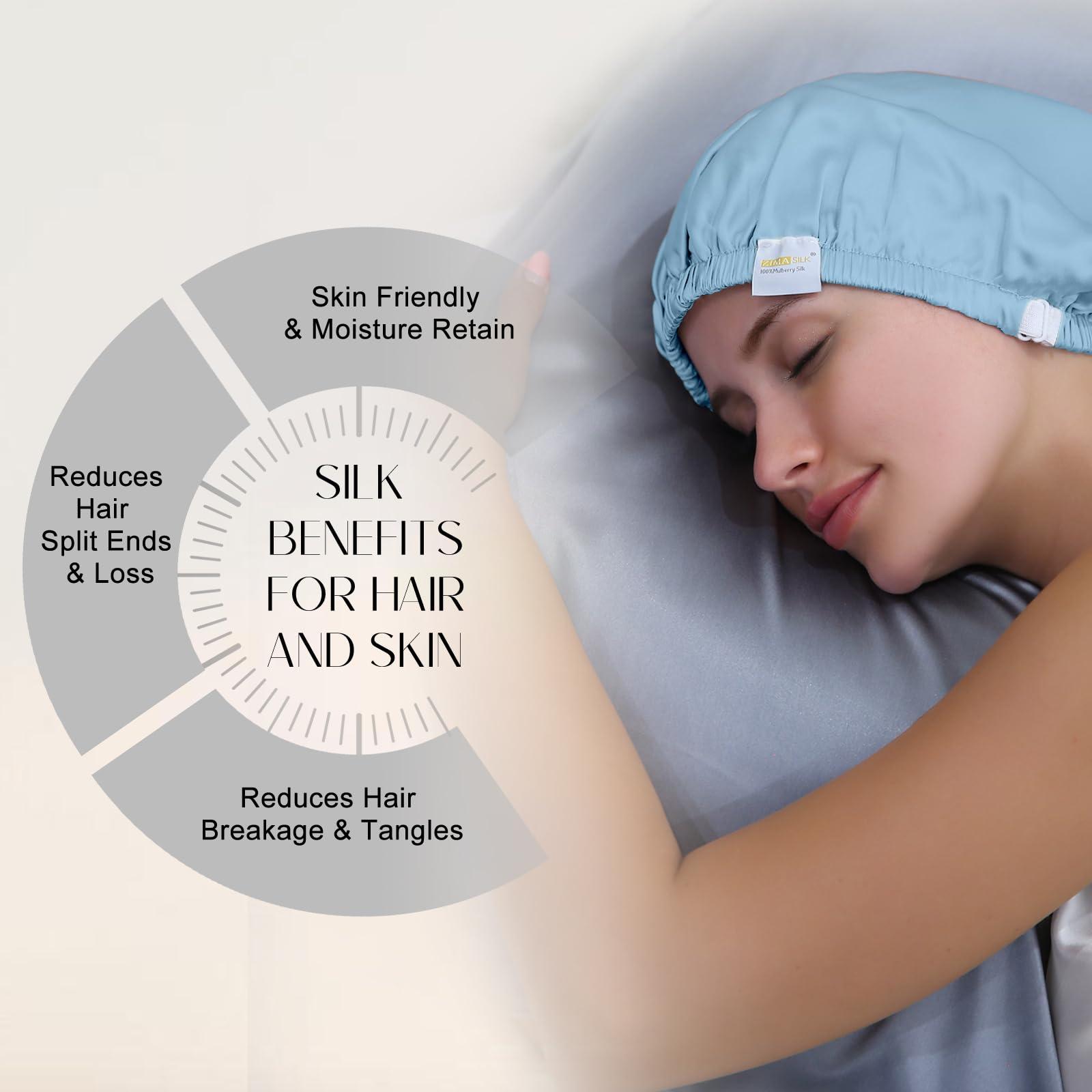ZIMASILK ZIMASILK 100% Mulberry Silk Bonnet for Sleeping Women Long Hair Double Layer Silk Hair Wrap with Adjustable Band Natural Silk Bonnet for Hair Care Stay On Head (1Pc, Light Blue)