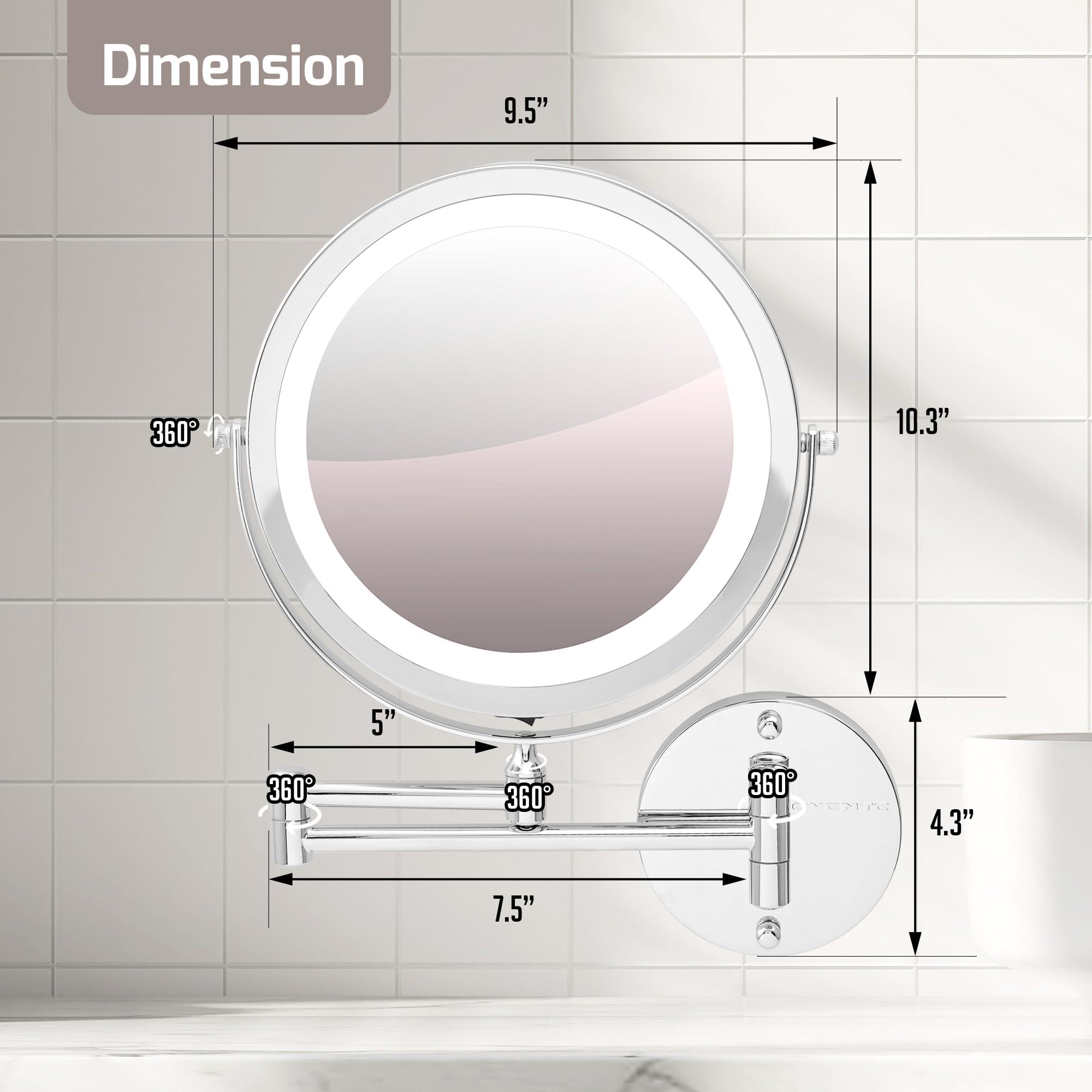 OVENTE OVENTE 9" Lighted Wall Mount Makeup Mirror with 1X/10X Magnification, Cordless Double Sided Magnifying Round Vanity Mirror, 360 Swivel Design, Extendable and Folding Arm, Polished Chrome MFW85CH1X10X