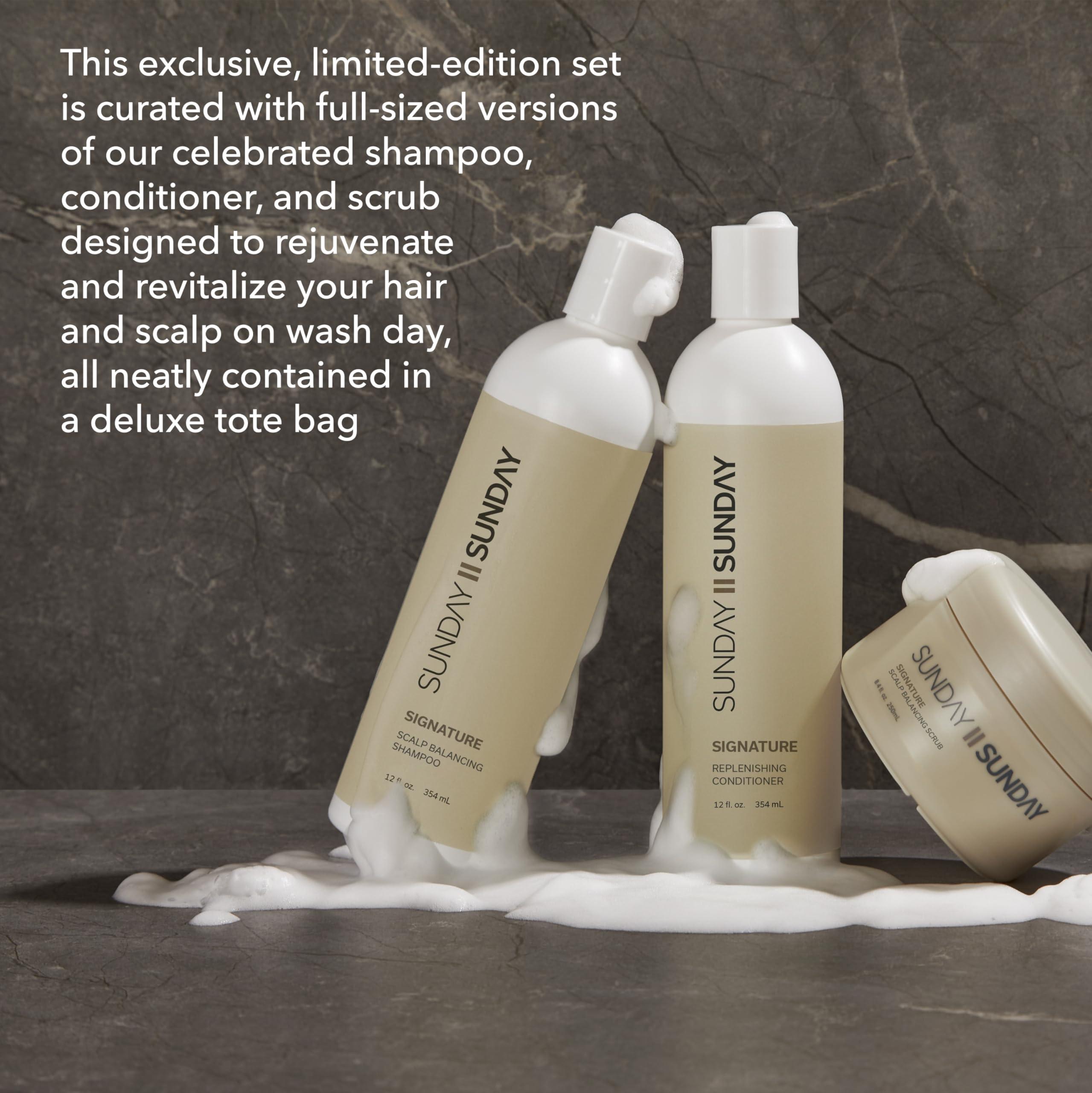 SUNDAY II SUNDAY SUNDAY II SUNDAY Deluxe Signature Hair Wash System, with Scalp Balancing Shampoo, Sugar Scrub, and Replenishing Conditioner, to Revitalize and Rejuvenate Strands, 8 piece Set