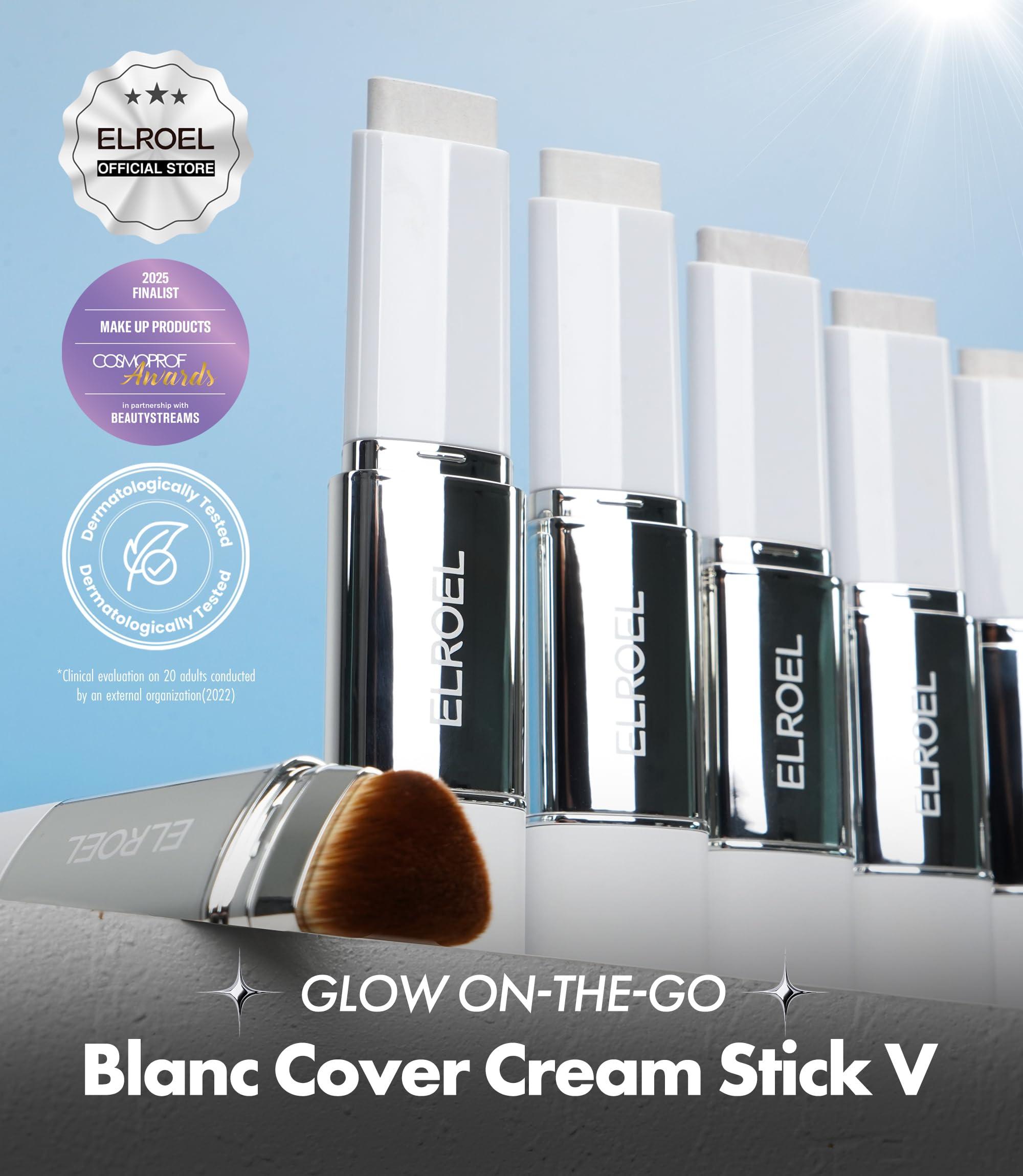 ELROEL BLANC Cover Cream Stick V - Korean Color-Changing Foundation with Detachable Brush - Full to Medium Coverage Base Makeup (203 Medium, 0.45 oz)