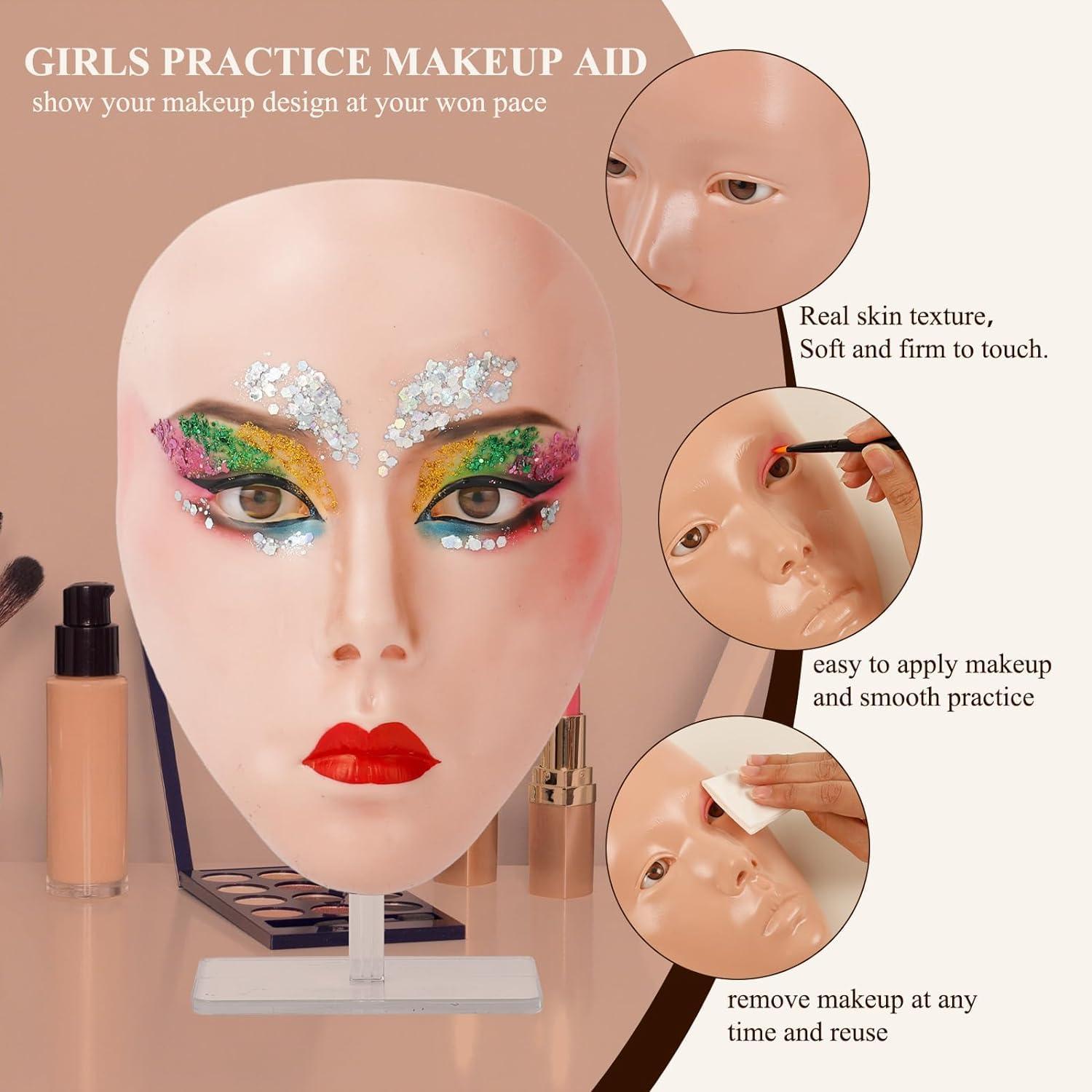 SWHDT Practice Makeup Face, Face Painting Mannequin Head with Stand, 5D Reusable Silicone Makeup Face Practice, Mannequin Head for Makeup with Makeup Kit, Practice Face for Makeup Artist & Beginner, Pink