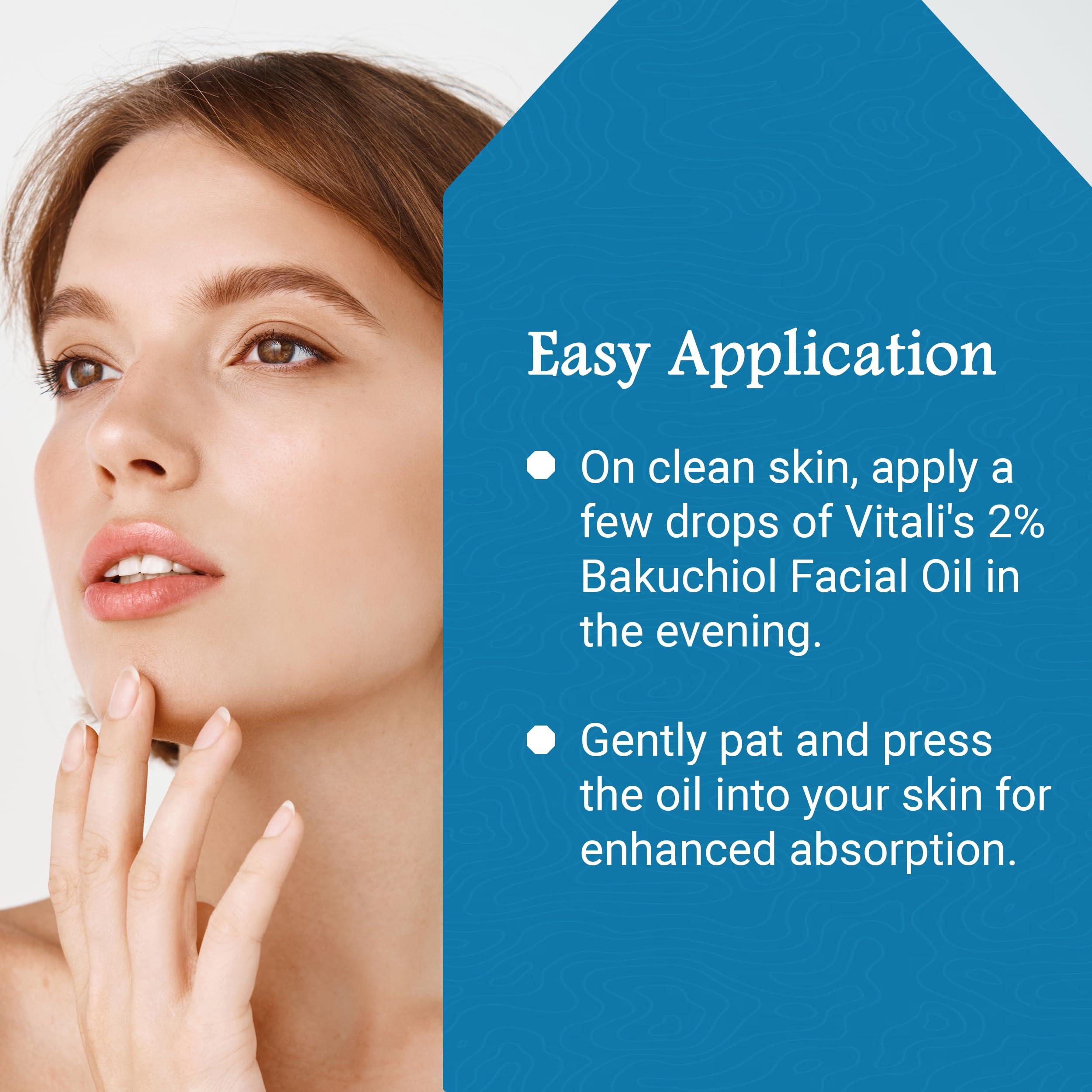 Vitali Vitali Premium 2% Bakuchiol Facial Oil: Premium Natural Retinol Alternative for Age and Wrinkle Reduction, and Soothing Irritated Skin, Boosts Copper Peptide Absorption- 1 fl. oz.