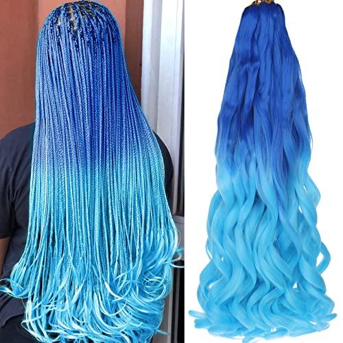 COOKOO COOKOO Ombre Blue French Curls Brading Hair 22 Inch Bouncy Braiding Hair 9 Pack French Curls Box Braids with Bouncy Curls EZ Braids Synthetic Hair For Black WomenBlue/Light blue