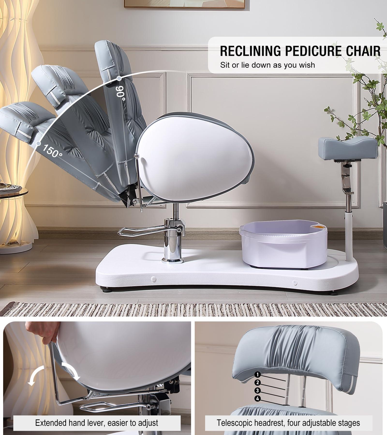 OKAKOPA OKAKOPA Pedicure Chair No Plumbing for Nail Tech, 360 Swivel Reclining Pedicure Unit w/Bowl and Footrest, Hydraulically Adjustable Height Spa Pedicure Chair Station for Foot Spa, Grey