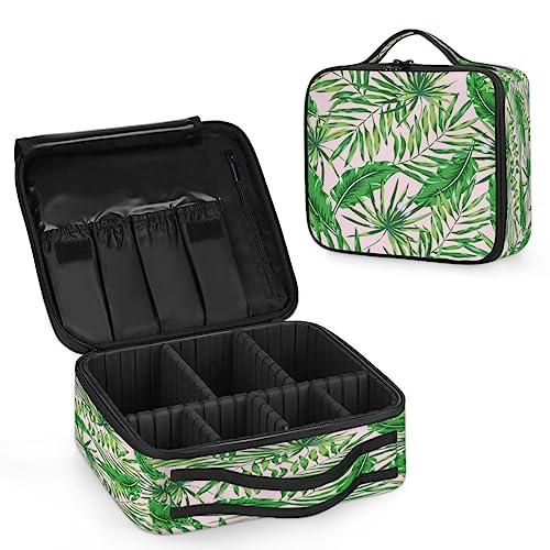QsirBC QsirBC Makeup Train Case with Adjustable Dividers, Portable Make Up Bag for Women, Toiletry Bag for Men with Waterproof Brush Cover, Palm Tree Leaves Travel Makeup Organizer Makeup Box