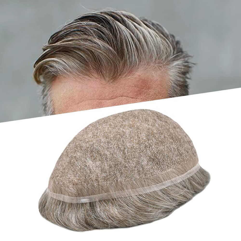 Fancyhair Mens Toupee Human Hair Replacement Systems Full French Lace Toupee For Men European Remy Human Hair Pieces All Swiss Lace Grey Brunette Blonde Wavy Mens Wig Unit 8\"x10\" #630 Light Brown with 30% Gray-100% density