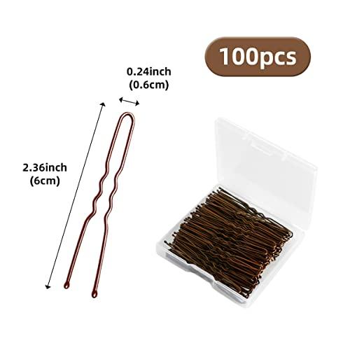Tenalleys 100 PCS Invisible Wave Hairgrip U Shaped Hair Pins Kit Large Heavy Duty Crinkled Hair Pins for Women and Ballet Bun with Box (2.4 in, Brown )