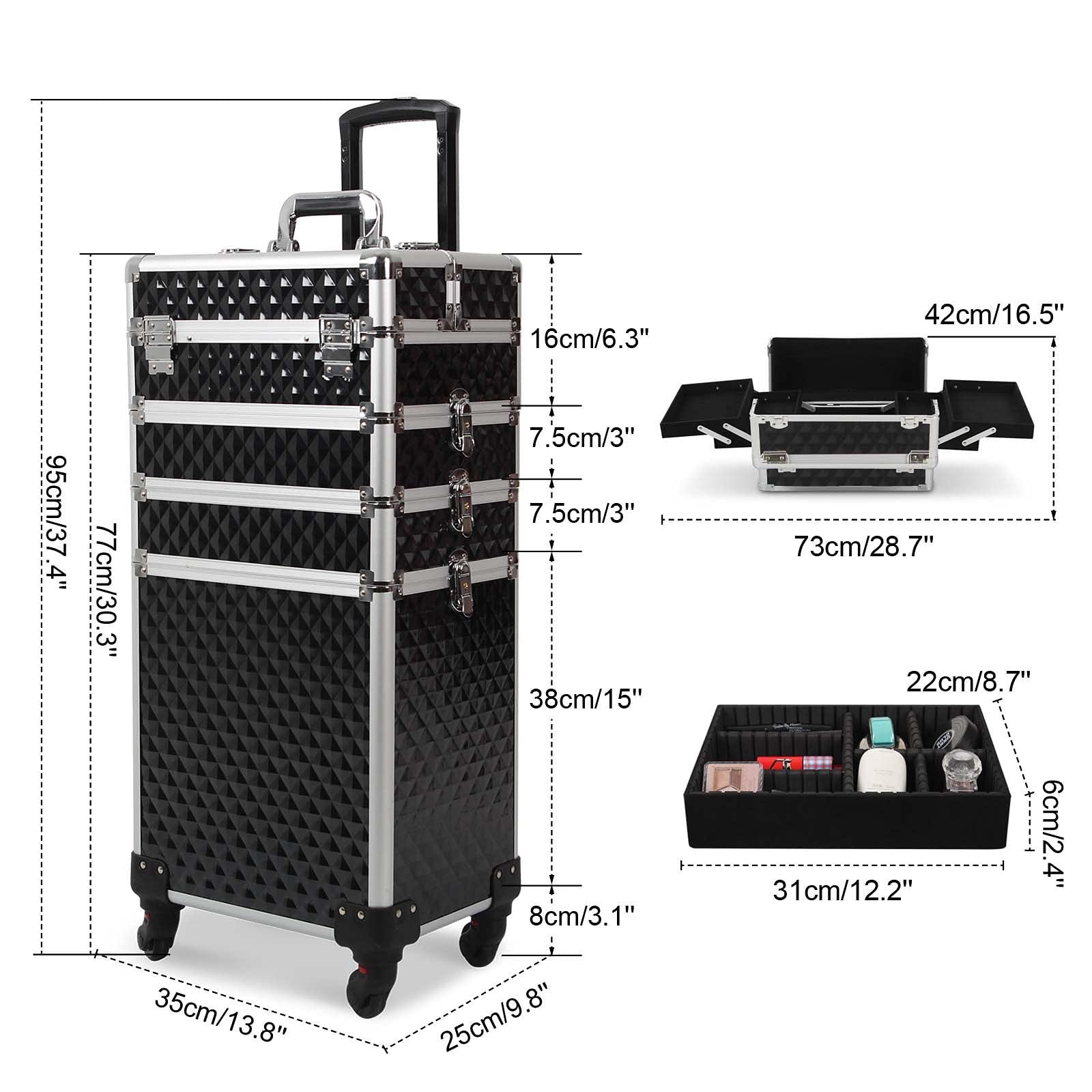 Ochine 4 in 1 Makeup Case Aluminum Cosmetic Case Rolling Train Case Professional Makeup Train Case Large Capacity Trolley Makeup Travel Case Beauty Storage with Folding Trays and Large Compartments