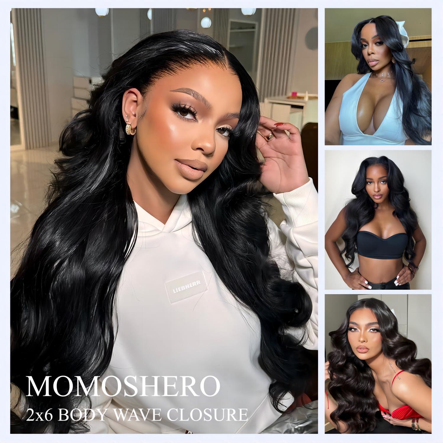 MOMOSHERO MOMOSHERO 2x6 HD Lace Closure Only 20 Inch Body Wave Human Hair, Pre Plucked Closure Sew In 2 by 6 Lace Closure Middle Part 100% Brazilian Virgin Human Hair Unprocessed 2x6 Kim K Closure Natural Black