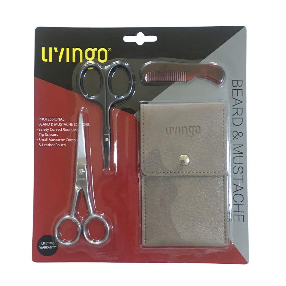 LIVINGO LIVINGO 4.5 inches Beard & Mustache Scissors for Men, Professional Rounded Tip Safety Sharp Stainless Steel Small Beauty Facial Nose Hair Trimming Shears Kit with Mini Comb and Leather Case