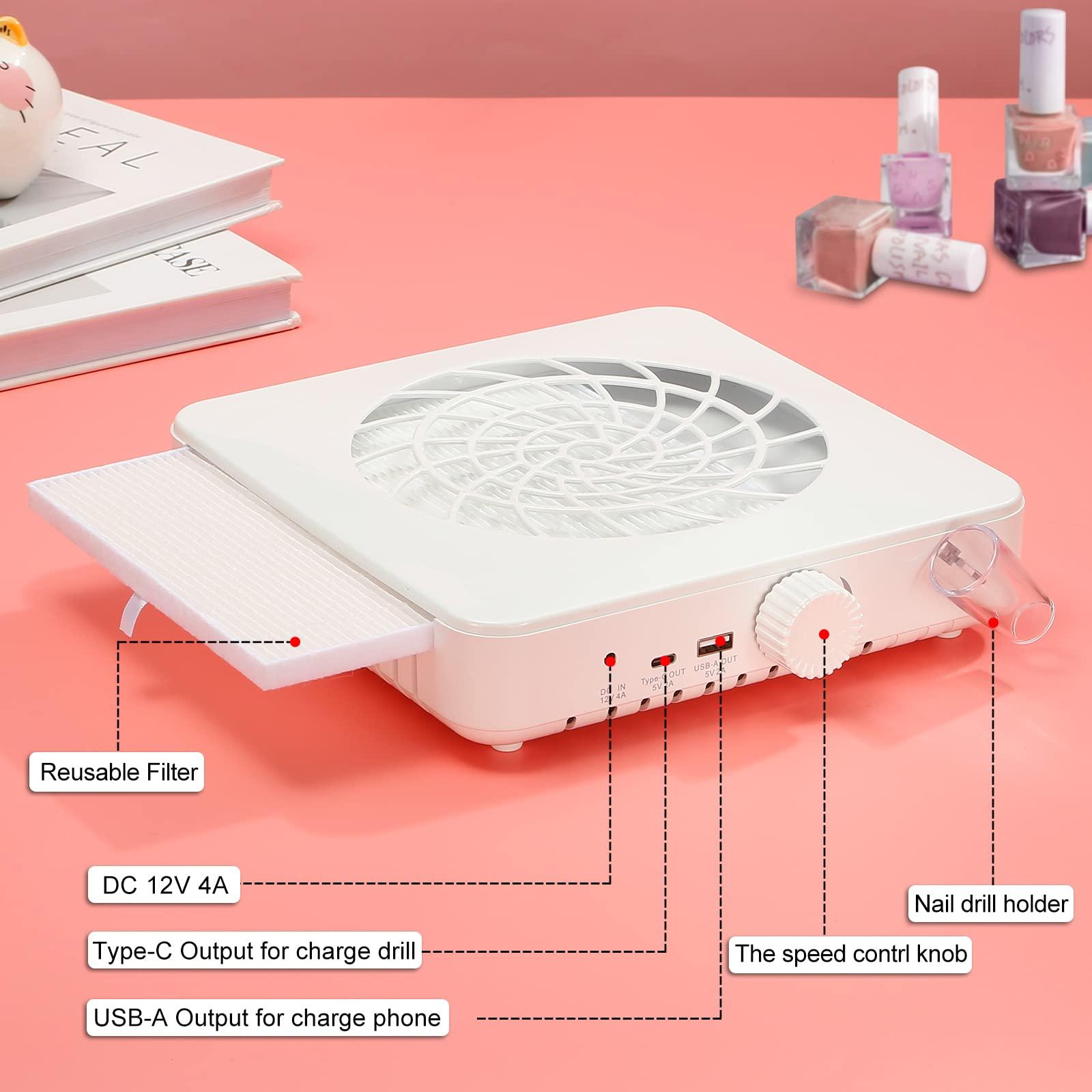 Ludysic Nail Dust Collector with Reusable Filter, Nail Extractor Vacuum Acrylic Nail Dust Cleaner with Powerful Nail Vacuum Fan,Perfect for Home and Salon, Low Noise (White)