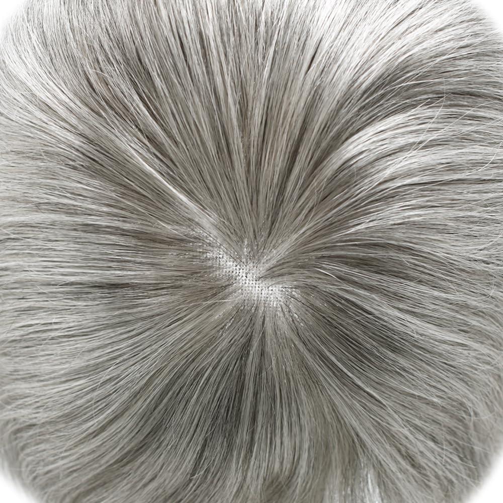 LYRICAL HAIR Toupee for Men Hair System Replacement Mens Human Hair Piece Fine Mono Mens Toupee Clear Poly Skin Around Hairpiece Monofilament Wig 6\"X8\" #1B80 Off Black+80% Gray-110% Light to Medium Density