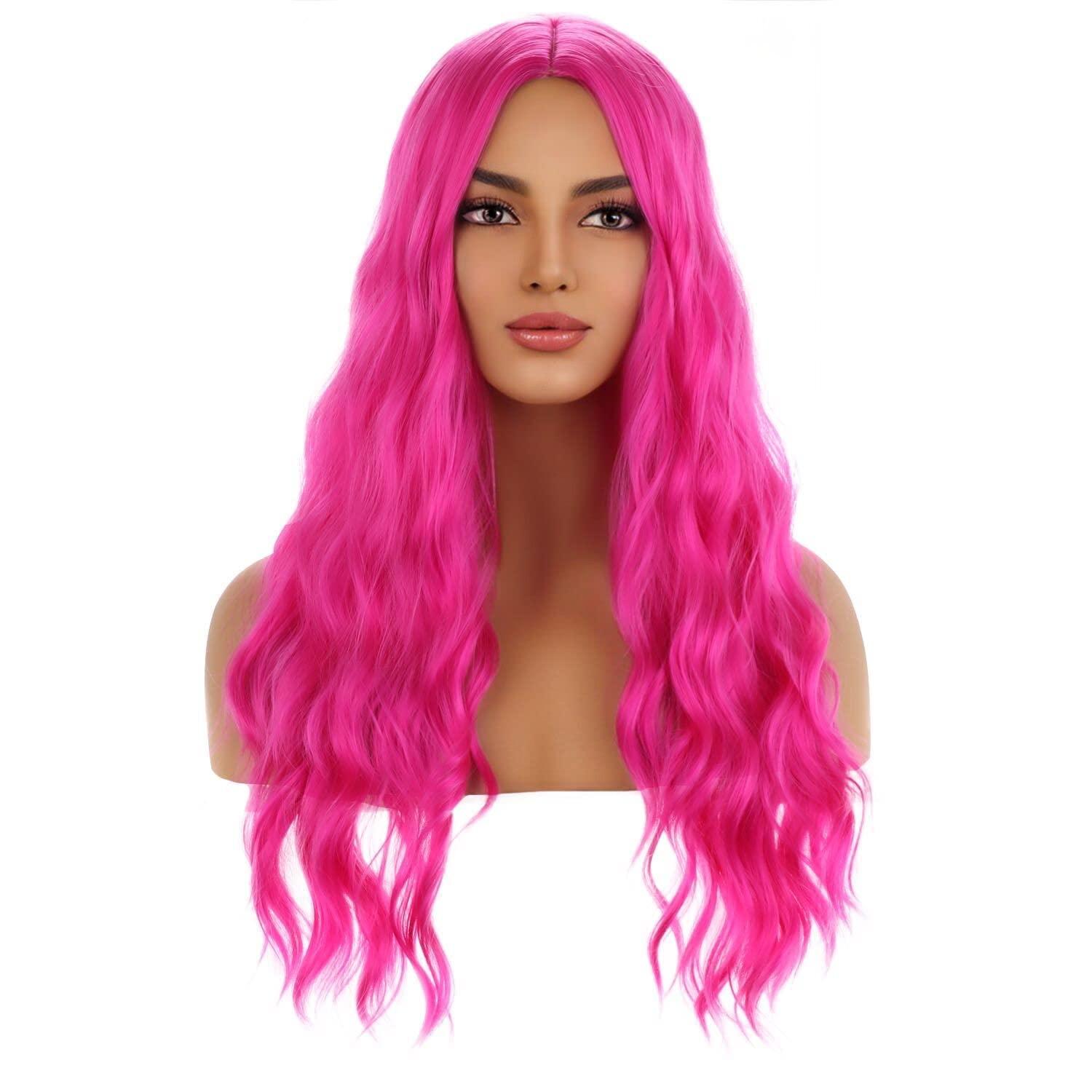 MAGQOO MAGQOO Hot Pink Wig Magenta Wig Long Curly Wavy Pink Wigs for Women Girls Middle Part Heat Resistant Hight Density Synthetic Wigs (Hot Pink)