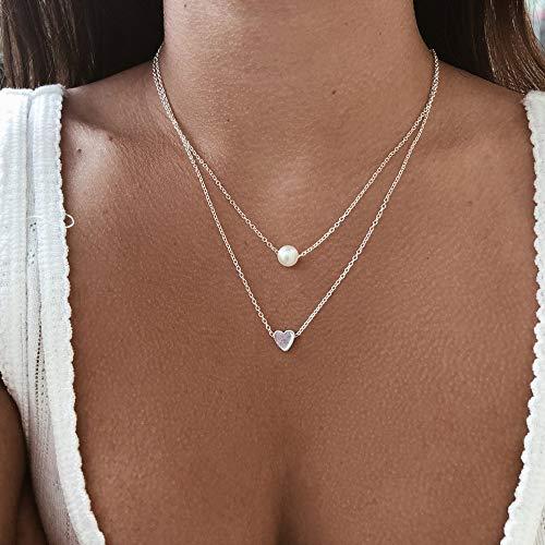 Doubnine Doubnine Danity Layered Necklace Simulated Pearl Heart Silver Women Simple Everyday Fashion Jewelry