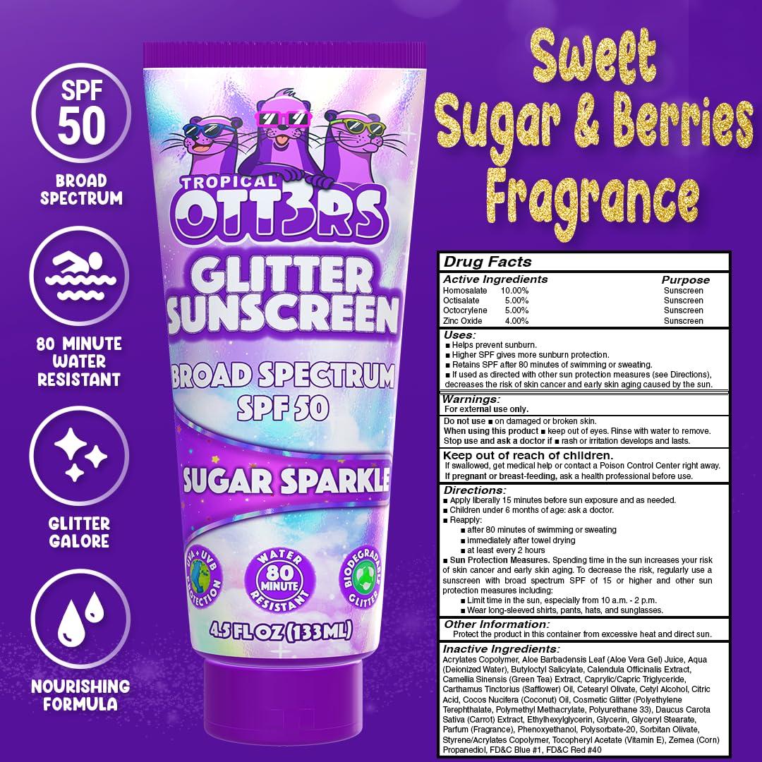 TROPICAL OTT3RS Glitter Sunscreen SPF 50 Lotion 4.5oz - Sparkle Sunscreen - Shimmer Sunscreen - Colored Sunscreen for Kids & Women - UVA/UVB Sunshine Protection + 80 Min Water Resistant - (Scented) (USA Made)