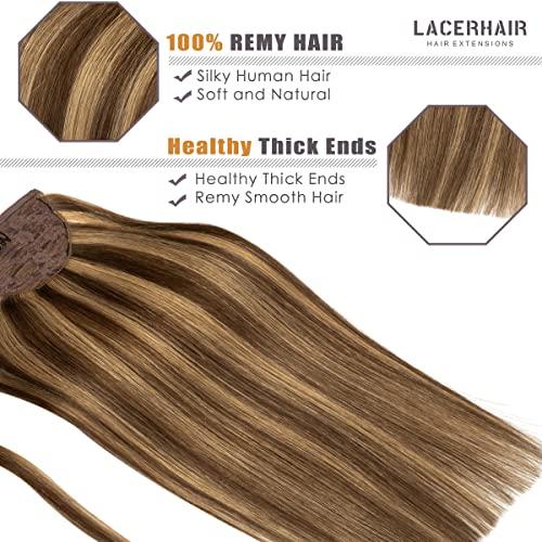 Lacer Lacer Real Hair Ponytail Extension Ombre Chocolate Brown to Caramel Blonde Pony Tails Extensions Human Hair Long Straight Wrap Around Human Hair Ponytails for Women Hair Piece 22 Inch 90g
