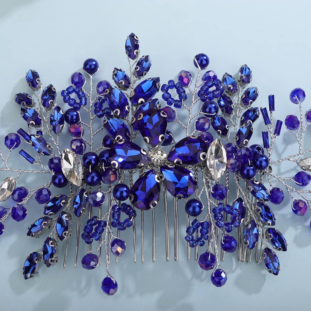 Aimimier Aimimier Bridal Royal Blue Crystal Hair Comb Sapphire Hair Piece Prom Party Festival Wedding Hair Accessories for Women and Girls