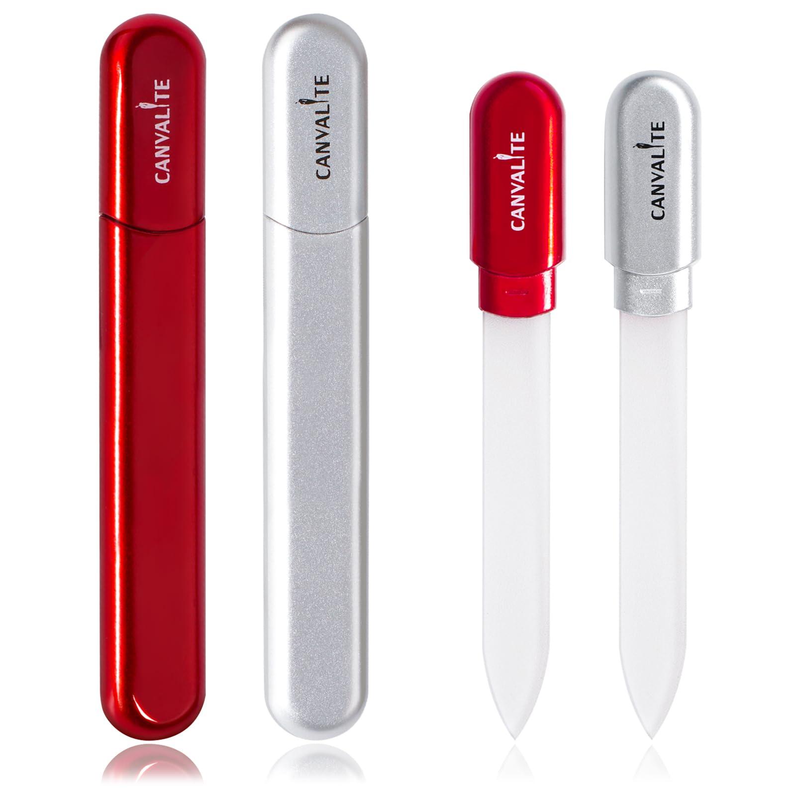 CANVALITE CANVALITE Glass Nail File Set for Natural Nails Crystal Nail Files Glass Fingernail File Double-Sided Etched Gentle Nail Care Stocking Stuffers for Women Girls Gifts, Pack of 2(Silver + Red)