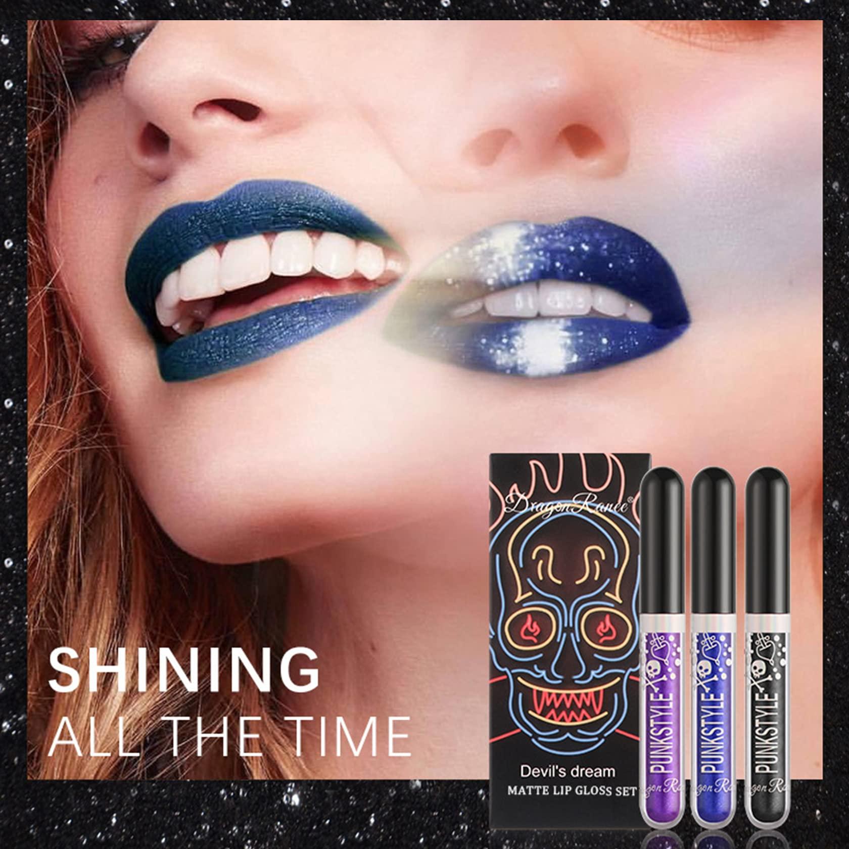 NVLEPTAP 3PCS Black Blue Purple Liquid Glitter Lipstick Glitter Lip Gloss Set,Diamond Shimmer Matte Lipstick Set Long Lasting High Pigment Glitter Lip Stick Kit Lip Gloss Set Halloween Makeup Gift - Set D