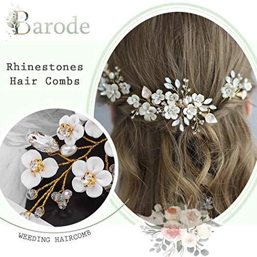 Barode Barode Bridal Wedding Hair Comb Silver Flower Rhinestone Sparkly Crystal Bride Leaf Side Combs Pearl Hair Accessories for Women and Girls (Gold)