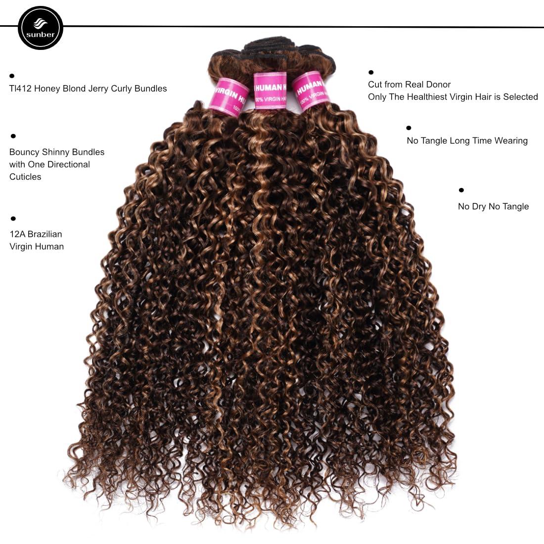 Sunber Sunber Human Hair Bundle Honey Blonde Highlight Curly Human Hair Weave Bundle 12A Brazilian Remy TL412 Highlights Balayage Color 14\"Inch Human Hair Weave Sew in Extension